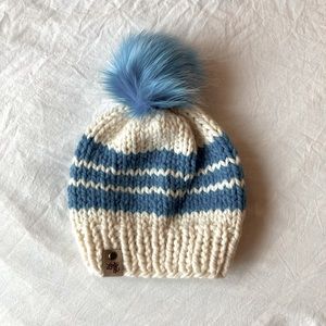 White/Blue Striped Pom Pom Winter Hat Beanie